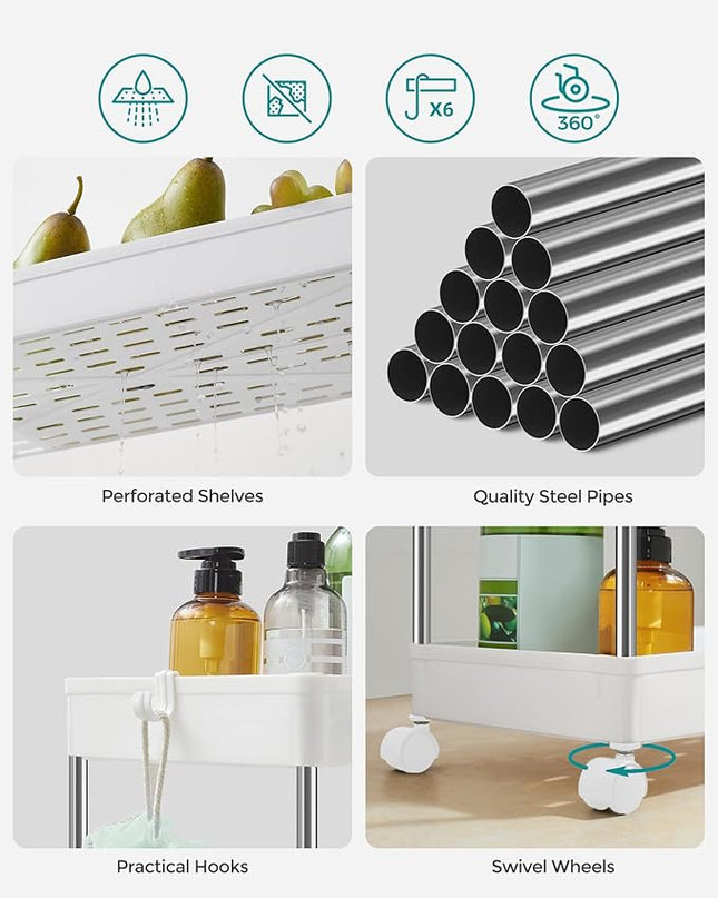 SONGMICS Slim Storage Cart, 3-Tier Rolling Cart, Narrow Utility Cart on Wheels, 6 Hooks, 360° Swivel Wheels, Lockable, Steel Frame, Bathroom, Kitchen, Office, Cloud White UKSC009W01 - LeafyLoom