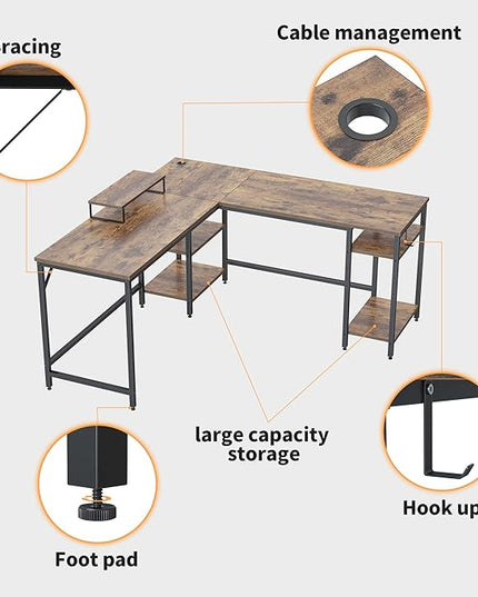 BANTI L Shaped Desk with Storage, 59 Inch Reversible Corner Computer Desk or 2 Person Long Table Desk, Home Office Large Gaming Writing Storage Workstation with Monitor Stand, Rustic Brown - LeafyLoom