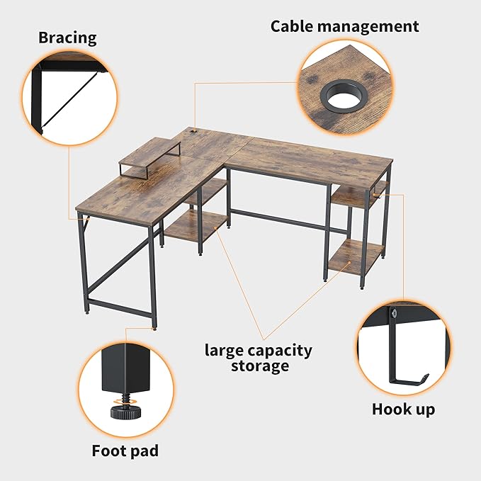 BANTI L Shaped Desk with Storage, 59 Inch Reversible Corner Computer Desk or 2 Person Long Table Desk, Home Office Large Gaming Writing Storage Workstation with Monitor Stand, Rustic Brown - LeafyLoom