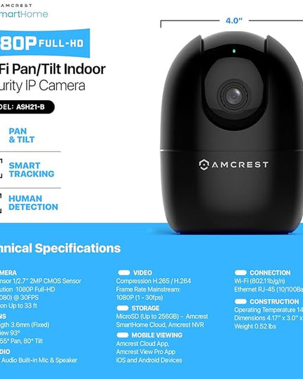 Amcrest 1080P WiFi Camera Indoor, Nanny Cam, Dog Camera, Sound & Baby Monitor, Human & Pet Detection, Motion-Tracking, 2.4Ghz Only, Pan/Tilt Wireless IP Camera, Night Vision, Smart Home ASH21-B Amcrest