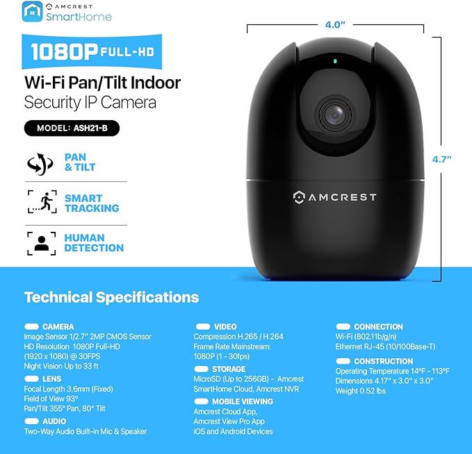 Amcrest 1080P WiFi Camera Indoor, Nanny Cam, Dog Camera, Sound & Baby Monitor, Human & Pet Detection, Motion-Tracking, 2.4Ghz Only, Pan/Tilt Wireless IP Camera, Night Vision, Smart Home ASH21-B Amcrest
