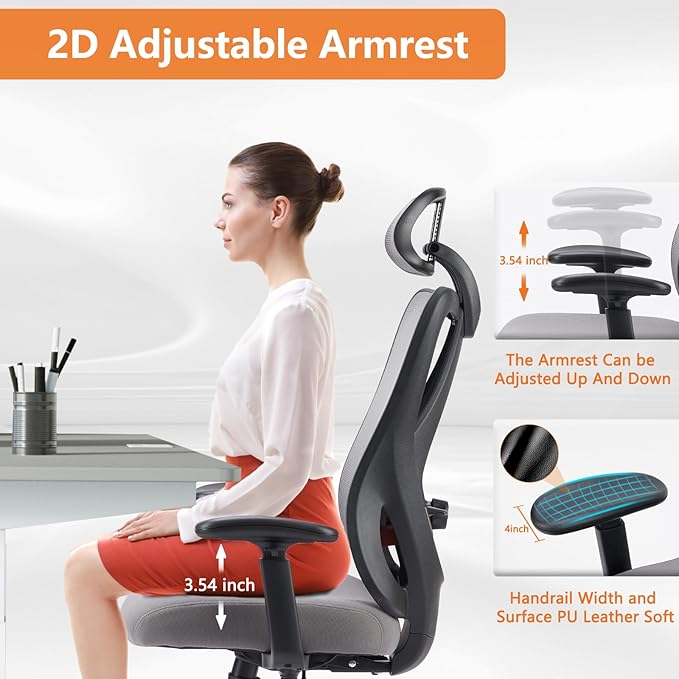 Sweetcrispy Ergonomic Office Desk Computer Chair, High Back Comfy Swivel Home Gaming Mesh Chairs with Wheels, Adjustable Lumbar Support, Headrest, Liftable 2D Arms,135° Tilt for Bedroom, Study, Grey - LeafyLoom