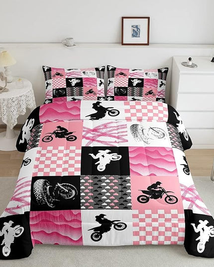 Motocross Comforter Set, Dirt Bike Bedding Sets & Collections Queen, Motorcycle Rider Down Comforter For Kids Boys Girls, Motorbike Extreme Sport Game Comforter Set, Buffalo Plaid, Pink Grey Black - LeafyLoom