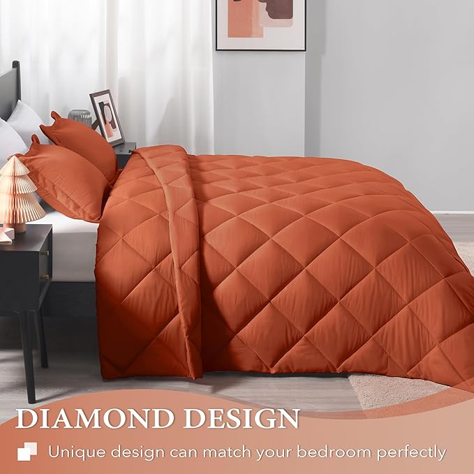 downluxe Queen Comforter Set - Burnt Orange Comforter Set Queen, 3 Pieces Solid Comforter Set Queen Size for All Seasons, 1 Lightweight Fluffy Comforter (88"x92") and 2 Pillow Shams - LeafyLoom