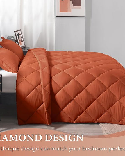 downluxe King Size Comforter Set - Burnt Orange King Comforter Set, 3 Pieces Soft Solid Comforter King Size Set for All Seasons, 1 Lightweight Fluffy Comforter (104"x92") and 2 Pillow Shams - LeafyLoom