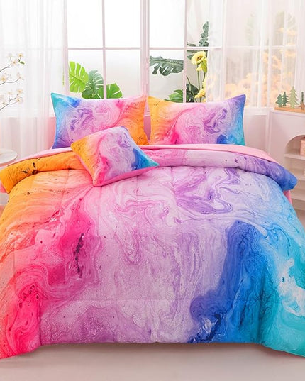 Girls Twin Bedding Sets, 6 Pcs Pink Twin Szie Comforter Set with Sheets, Watercolor Marble Abstract Art Superior Bedding Set for Girls Kids - LeafyLoom