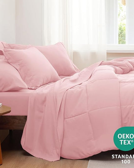 Bedsure Pink Full Size Comforter Set - 7 Pieces Solid Full Bed in a Bag, Full Bed Set Pink with Comforters, Sheets, Pillowcases & Shams - LeafyLoom