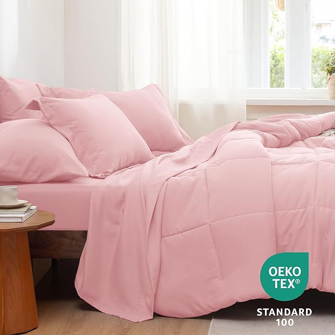 Bedsure Pink Full Size Comforter Set - 7 Pieces Solid Full Bed in a Bag, Full Bed Set Pink with Comforters, Sheets, Pillowcases & Shams - LeafyLoom