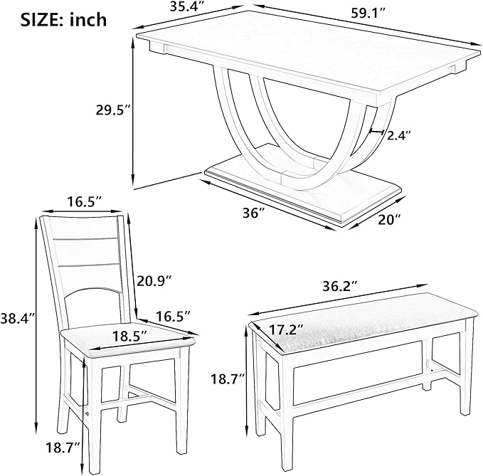 Modern Style Half Round Long Bench & 4 Upholstered Chairs, Easy Assembly and Clean, Rubber Room, Kitchen, 6 Piece Dining Table Set, Natural Wood 25 - LeafyLoom