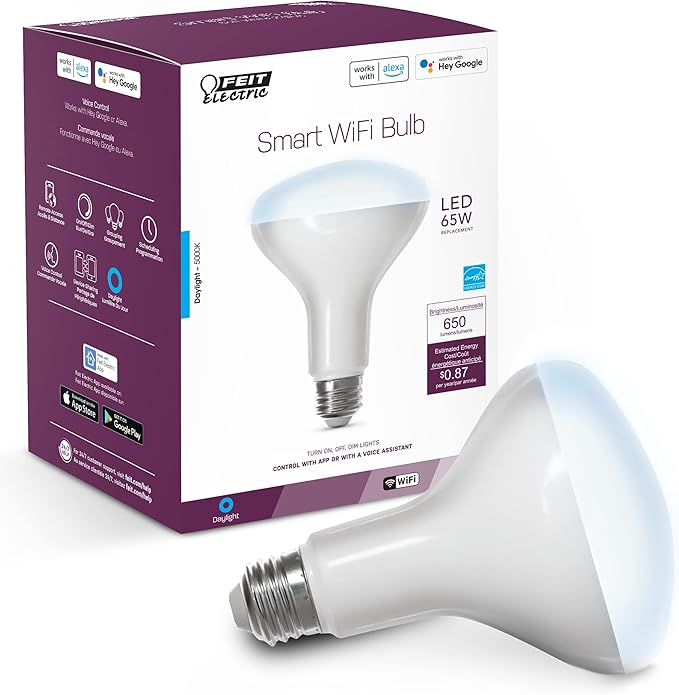 Feit Electric Smart BR30 Wifi Bulb, 5000K Daylight, 2.4GHz WIFI, No Hub Needed, Works with Alexa and Google Home Assistant, App Control, Dimmable, 65W Equivalent, Flood Light Smart Bulb, BR30/950CA/AG FeitElectricCompany