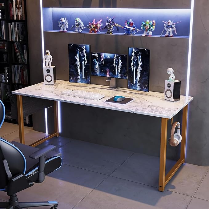 ODK Computer Desk Large Office Desk, 63 Inch Writing Desk with Storage, Modern PC Desk Work Table with Headphone Hook for Home Office, White Marble + Gold Leg - LeafyLoom