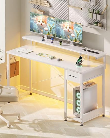 AODK Gaming Desk with LED Lights & Power Outlet, 55 Inch Computer Desk with Drawer, Reversible Desk with Adjustable Monitor Shelf & Headphone Hook for Home Office, White - LeafyLoom