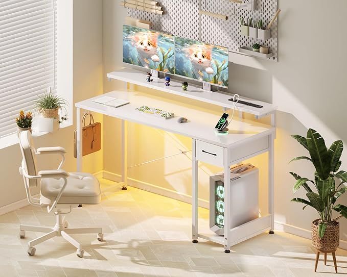 AODK Gaming Desk with LED Lights & Power Outlet, 55 Inch Computer Desk with Drawer, Reversible Desk with Adjustable Monitor Shelf & Headphone Hook for Home Office, White - LeafyLoom