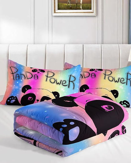 Datura home Bedding Comforter Set Rainbow Kawaii Cute Panda Printed Pattern with 1 and 2 Pillowcases for Girls Bedroom All Season(Panda Full) Full 80x90inches - LeafyLoom