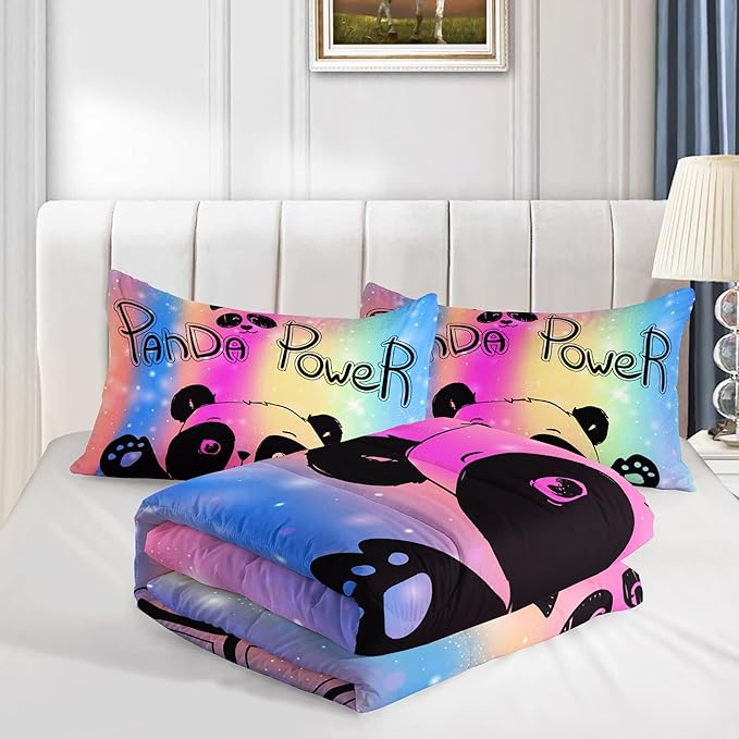 Datura home Bedding Comforter Set Rainbow Kawaii Cute Panda Printed Pattern with 1 and 2 Pillowcases for Girls Bedroom All Season(Panda Queen) Queen 90x90inches - LeafyLoom