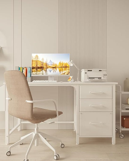 Lufeiya White Computer Desk with File Drawers Cabinet, 47 Inch Home Office Desks with Fabric Filing Cabinet for Small Space, Modern Writing Table PC Desks, White - LeafyLoom