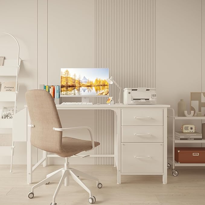 Lufeiya White Computer Desk with File Drawers Cabinet, 47 Inch Home Office Desks with Fabric Filing Cabinet for Small Space, Modern Writing Table PC Desks, White - LeafyLoom