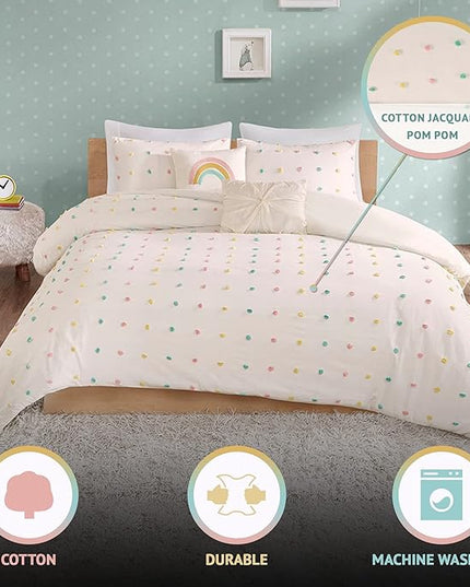 Duvet Cotton Jacquard Weave Colorful Poms Accent, Shabby Chic Cover for Comforter Cozy Bedding Set, Matching Shams, Decorative Pillows, Full Queen, Multi, 5 Piece - LeafyLoom