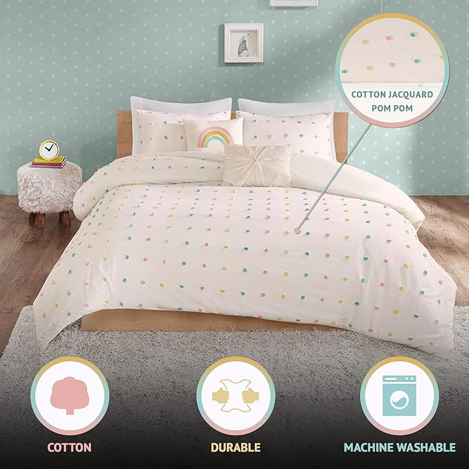 Duvet Cotton Jacquard Weave Colorful Poms Accent, Shabby Chic Cover for Comforter Cozy Bedding Set, Matching Shams, Decorative Pillows, Full/Queen, Multi, Twin/Twin XL, 4 Piece - LeafyLoom