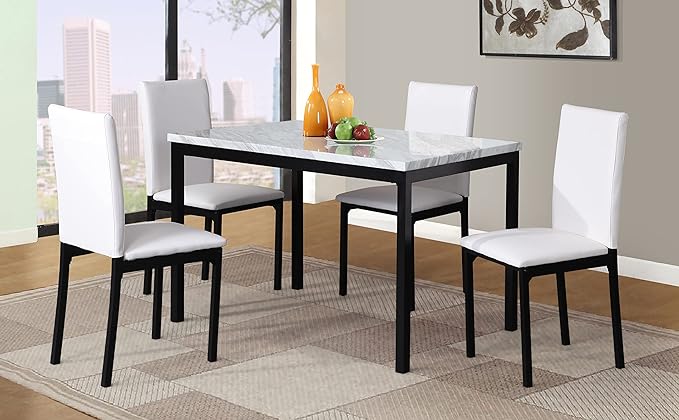 Roundhill Furniture 5 Piece Citico Metal Dinette Set with Laminated Faux Marble Top, White Chair - LeafyLoom