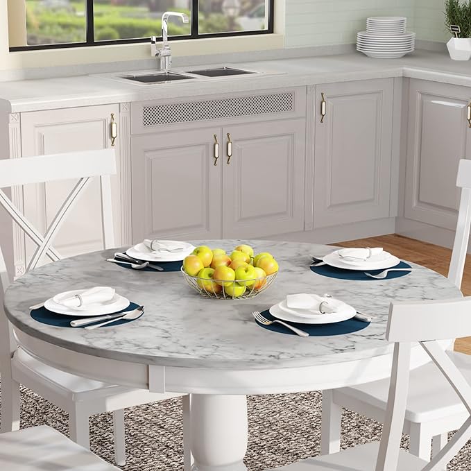 5-Piece Dining Marble-Top Round 4 Comfortable X Back Wood, Elegant Kitchen Table and Chairs Set, Ensemble for Cozy Family Meals, White - LeafyLoom