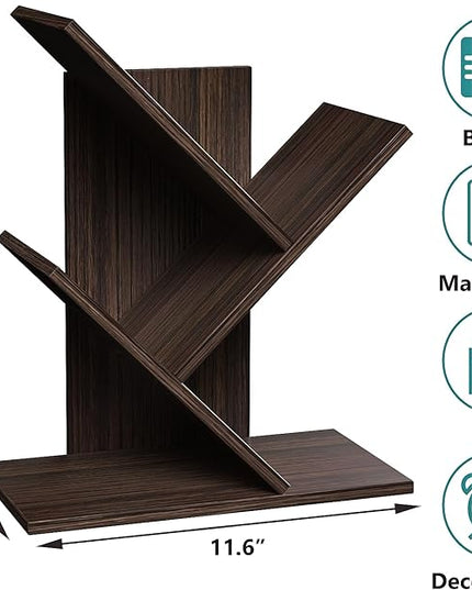 3 Tier Small Tree Bookshelf Desk Book Organizer Narrow Bookcases for Books Magazines CDs Free Standing Retro Wooden Storage Shelves for Home Office Bedroom Living Room Dark Walnut - LeafyLoom