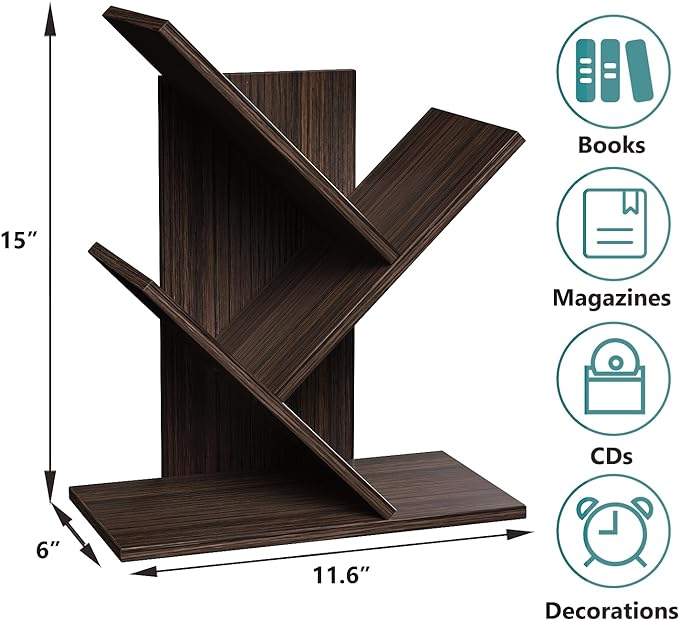3 Tier Small Tree Bookshelf Desk Book Organizer Narrow Bookcases for Books Magazines CDs Free Standing Retro Wooden Storage Shelves for Home Office Bedroom Living Room Dark Walnut - LeafyLoom