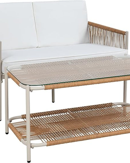 Shintenchi 2 Piece Patio Wicker Furniture Set, Outdoor Patio Furniture Rattan Conversation Set with Coffee Tables and Loveseat for Backyard, Balcony, Poolside - LeafyLoom