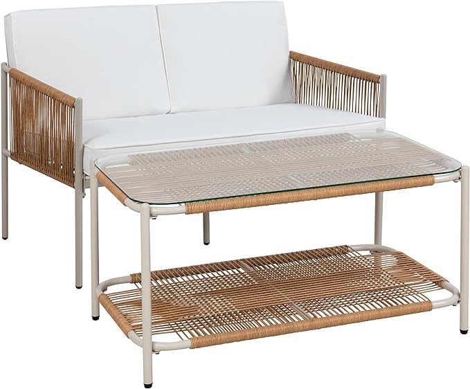 Shintenchi 2 Piece Patio Wicker Furniture Set, Outdoor Patio Furniture Rattan Conversation Set with Coffee Tables and Loveseat for Backyard, Balcony, Poolside - LeafyLoom