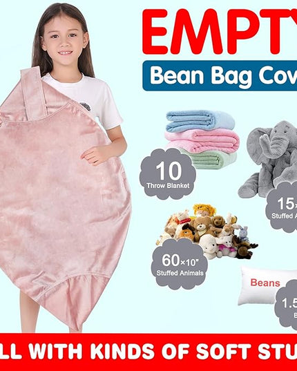 Lukeight Stuffed Animal Storage Bean Bag Chair Cover for Kids, Zipper Beanbag Chair Cover for Organizing Toddler & Kids' Rooms Plush Toys (Pink Velvet, Large) - LeafyLoom