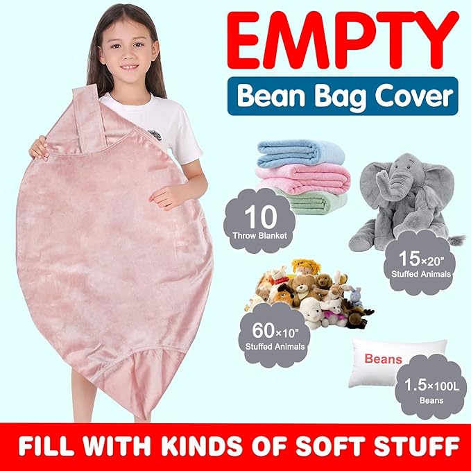 Lukeight Stuffed Animal Storage Bean Bag Chair Cover for Kids, Zipper Beanbag Chair Cover for Organizing Toddler & Kids' Rooms Plush Toys (Pink Velvet, Large) - LeafyLoom