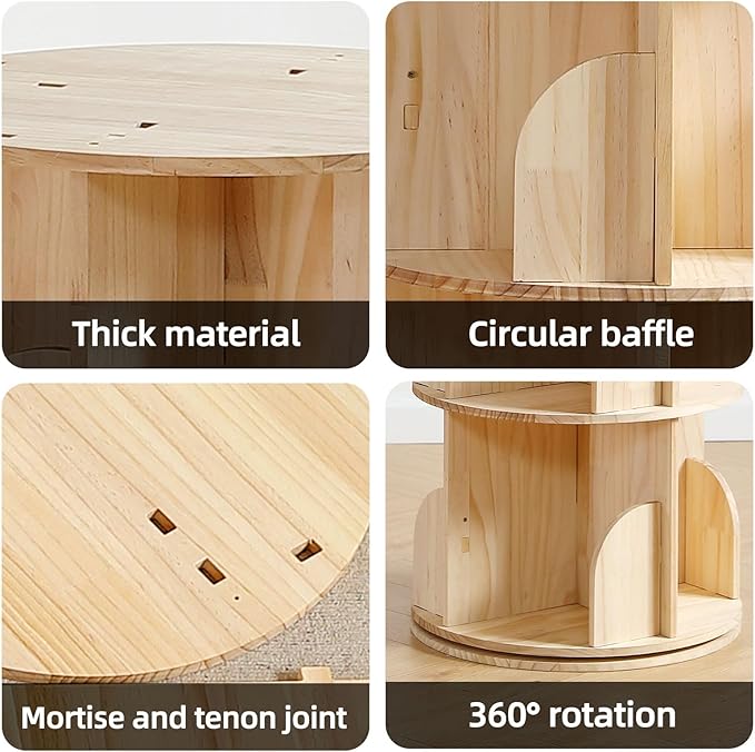 Rotating Bookshelf Tower, 4 Tier 360 Display Spinning Bookshelf, Solid Wood Narrow Book Shelf Organizer for Kid Adult, Corner Floor Standing Bookcase for Bedroom, Living Room, Study Room, Small Space - LeafyLoom