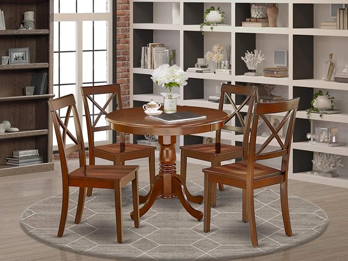 East West Furniture Antique 5 Piece Dinette Set for 4 Includes a Round Kitchen Table with Pedestal and 4 Dining Room Chairs, 36x36 Inch, ANBO5-MAH-W - LeafyLoom