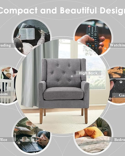 COLAMY Mid-Century Accent Chairs, Modern Wingback Living Room Chair, Upholstered Armchair with Button Tufted Back and Wood Legs for Bedroom/Office/Reading Spaces, Grey - LeafyLoom