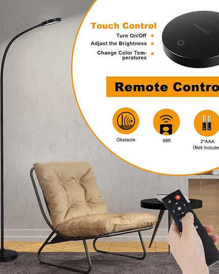 LED Floor Lamp,12W Gooseneck Floor Reading Lamps for Living Room with Remote & Touch Control,Stepless Adjustable Colors & Brightness Modern Dimmable Standing Lamp for Bedroom and Office - LeafyLoom