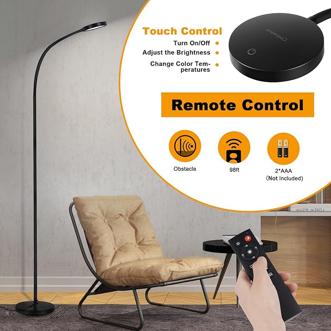 LED Floor Lamp,12W Gooseneck Floor Reading Lamps for Living Room with Remote & Touch Control,Stepless Adjustable Colors & Brightness Modern Dimmable Standing Lamp for Bedroom and Office - LeafyLoom