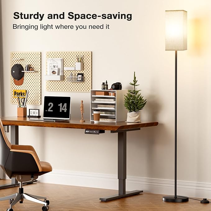 Ambimall Floor Lamps for Living Room - Remote Control, 9W Stepless Dimmable Bulb, Foot Switch, Color Temperatures, 64'' Tall Standing Lamp, Beige Lampshade, Reading Bedroom,Office (Black) - LeafyLoom