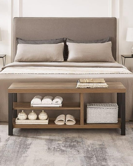 FOLUBAN Industrial Entryway Bench, Rustic Wood and Metal Shoe Storage Bench Seat for Living Room, Oak - LeafyLoom