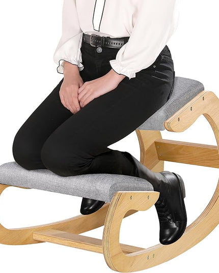 Predawn Ergonomic Kneeling Chair,Rocking Knee Chair Upright Posture Chair for Home Office Meditation Wooden & Linen Cushion-Office Chair for Back Neck Pain Relief & Improving Posture (White Oak-Grey) - LeafyLoom