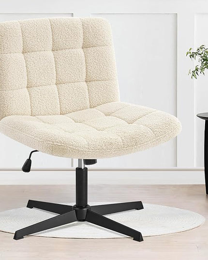 Furniliving Home Office Desk Chair No Wheels, Criss Cross Legged Wide Chair Armless Height Adjustable Chair with Mid Back Swivel Accent Vanity Chairs, Sherpa-IvoryWhite - LeafyLoom