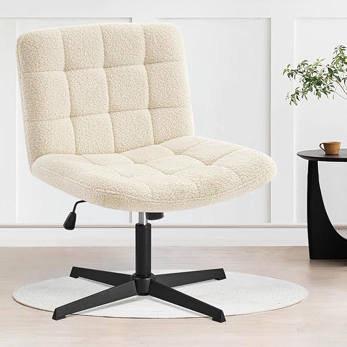 Furniliving Home Office Desk Chair No Wheels, Criss Cross Legged Wide Chair Armless Height Adjustable Chair with Mid Back Swivel Accent Vanity Chairs, Sherpa-IvoryWhite - LeafyLoom