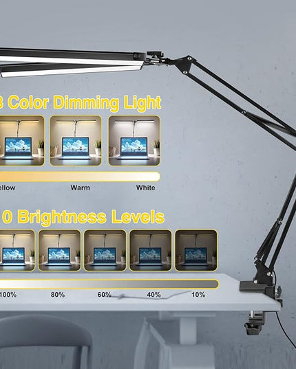 2-in-1 LED Double Head Desk Lamps for Home Office, 24W Brightest Workbench Light, Architect Lamp with Clamp & Base, 3 Colors 10 Dimming Swing Arm Lamp for Reading/Study/Computer Light - LeafyLoom