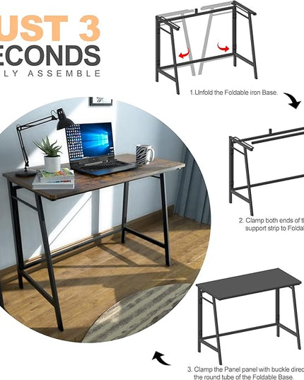 ASTARTH Folding Desk-40 Inch Writing Computer Desk, Space Saving Foldable Table, Modern Simple Style PC Table, Black Metal Frame-Home Office Desk, No Assembly Required, Rustic Brown - LeafyLoom