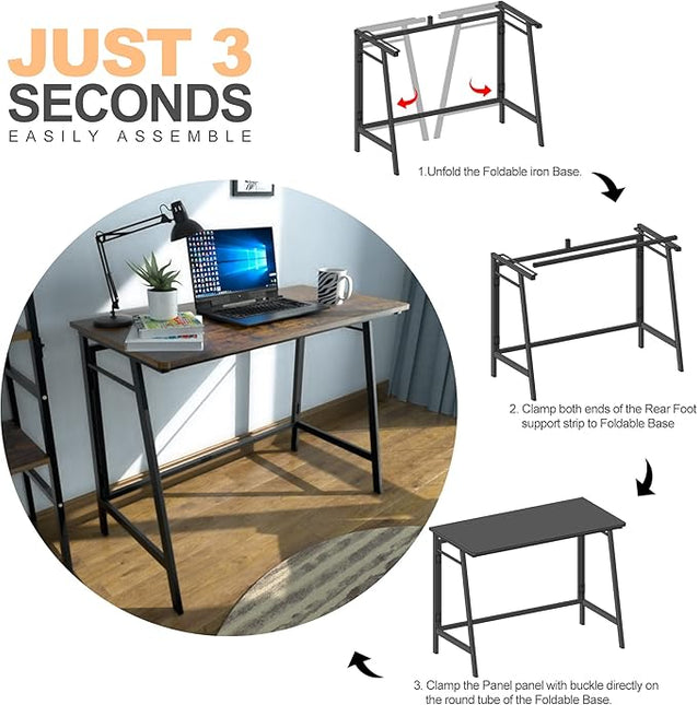 ASTARTH Folding Desk-40 Inch Writing Computer Desk, Space Saving Foldable Table, Modern Simple Style PC Table, Black Metal Frame-Home Office Desk, No Assembly Required, Rustic Brown - LeafyLoom