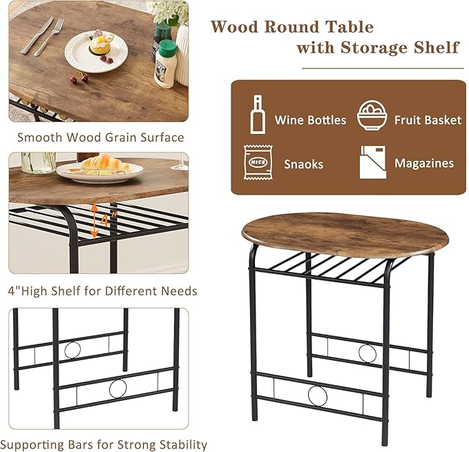VECELO 3-Piece Dining Table Set for Kitchen Breakfast Nook, Wood Grain Oval Tabletop and Metal Frame with Built-in Wine Rack, for Small Spaces, 31.5", Antique & Black - LeafyLoom