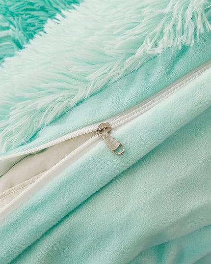 FOPPA Green Comforter Cover Set - Ultra Soft Plush Bedding Sets 3 Pieces (1 Faux Fur Duvet Cover + 2 Faux Fur Pillow case) Green Bed Set(Mint Green, Queen) - LeafyLoom