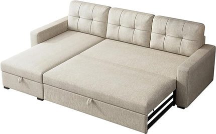 Upholstered Pull Out Sectional Sofa with Storage Chaise,Convertible Linen Corner Couch w/ 3 Movable Back Cushions,L-shaped Reversible Sleeper Sofa Bed,for Living Room Apartment,Beige - LeafyLoom