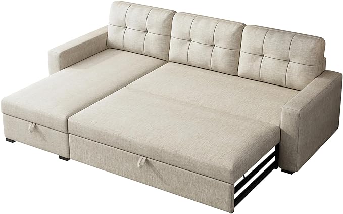 Upholstered Pull Out Sectional Sofa with Storage Chaise,Convertible Linen Corner Couch w/ 3 Movable Back Cushions,L-shaped Reversible Sleeper Sofa Bed,for Living Room Apartment,Beige - LeafyLoom