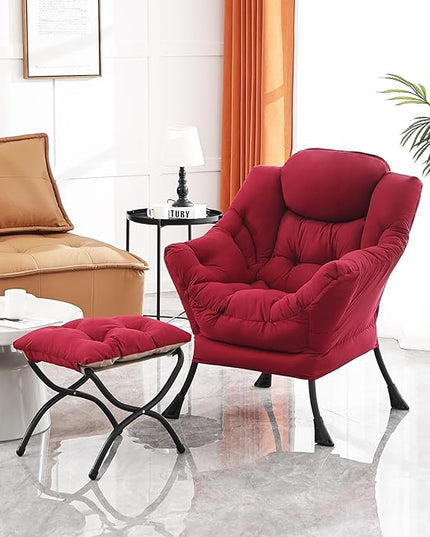 Lazy Chair and Ottoman, Large Accent Lounge Chair with Armrests and a Side Pocket, Modern Leisure Upholstered Sofa Reading Armchair with Footrest for Bedroom, Living Room, Dorm Rooms, Office - LeafyLoom