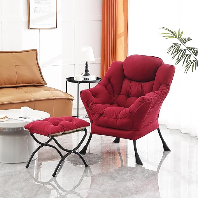 Lazy Chair and Ottoman, Large Accent Lounge Chair with Armrests and a Side Pocket, Modern Leisure Upholstered Sofa Reading Armchair with Footrest for Bedroom, Living Room, Dorm Rooms, Office - LeafyLoom